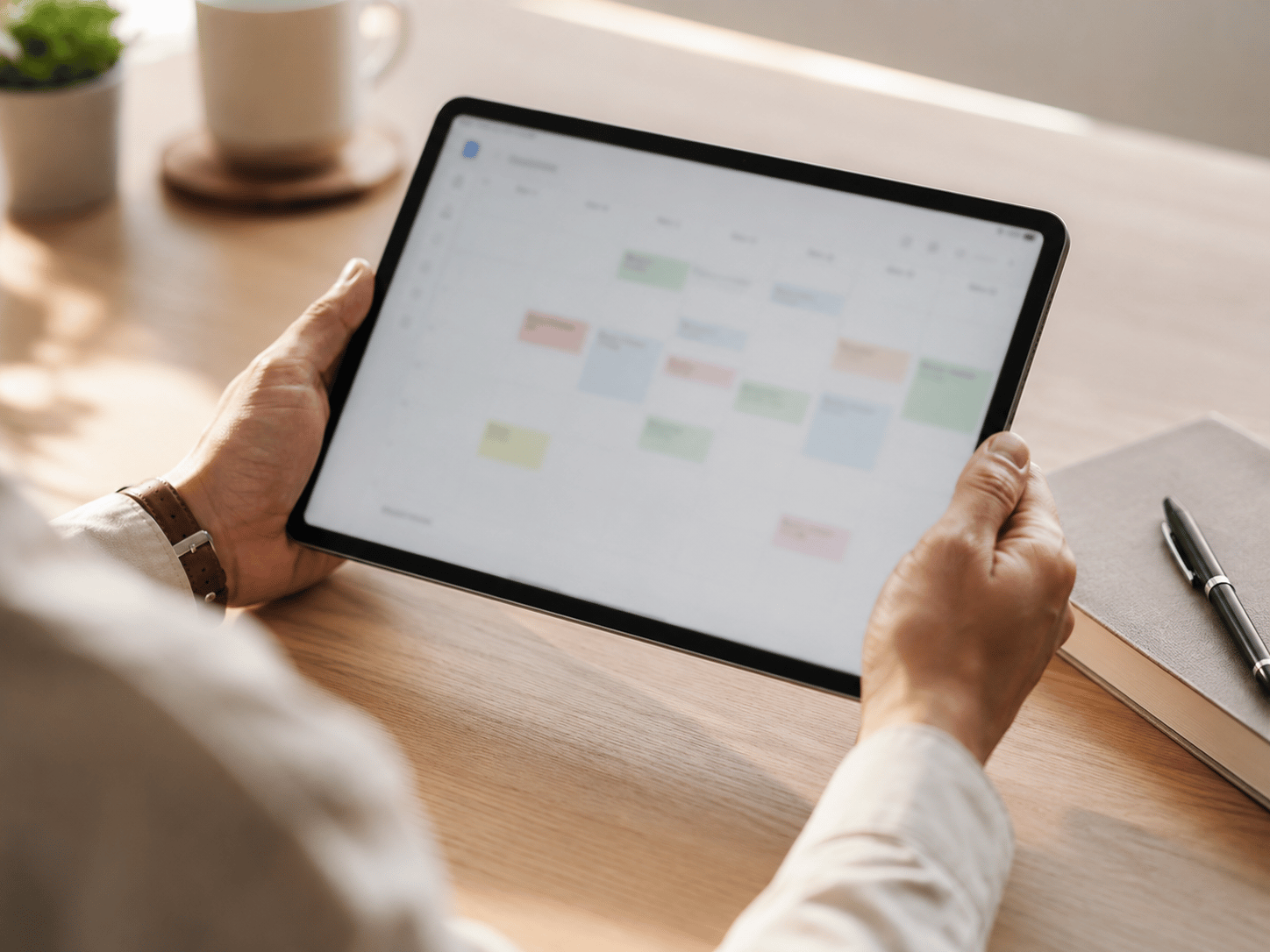 Profissional acompanhando a agenda do spes em um tablet